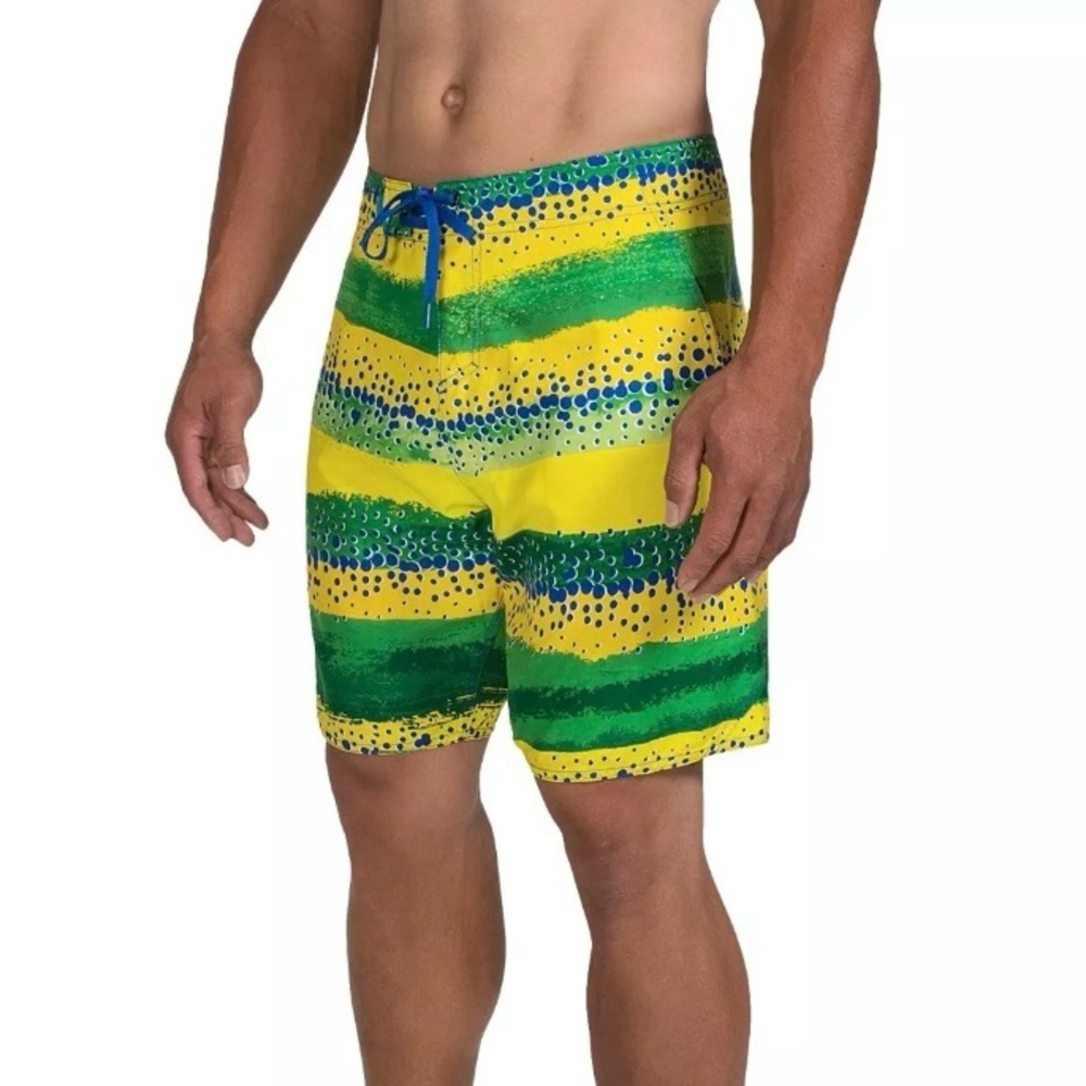 AFTCO Dorado Swim Trunks Board Shorts Yellow Green Dolphin Size 38